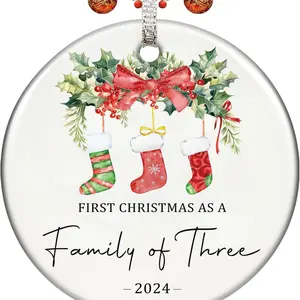 Christmas Ornaments 2024,Our First As A Family of Three Ceramic Baby 1st New Parents Gifts for Couples Mom Dad Newborn Girls Boys Tree Decorations