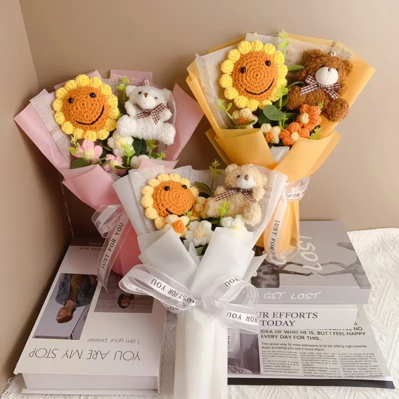 Handmade Knitted Sunflower Bouquet, Adorable Bear Plush Toy, Realistic Flower Arrangement, Perfect Gift for Kids & Adults