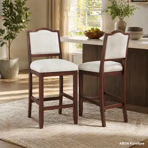 Rustic Counter Height Barstools Set of 2 - Rubber Wood Frame, Ergonomic Backrest, Fabric Padded Chair, Versatile for Kitchen Island, Dining Room, Cherry