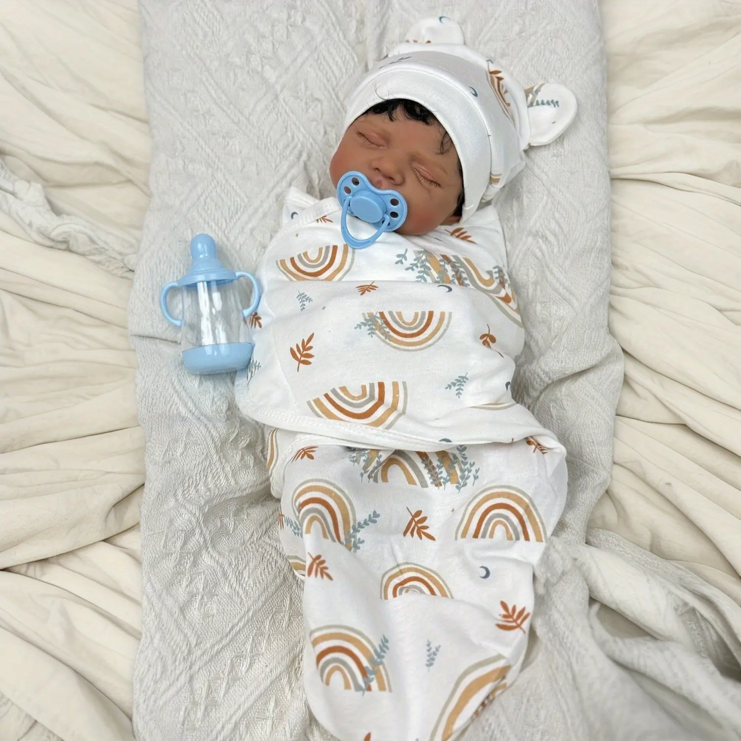 GUESSBELLY 48 CM Asleep Reborn Baby Doll Toy For Girl Vinyl Limbs Cloth Body Lifelike Black Skin Smile Doll Birthday Gift Play House Toy