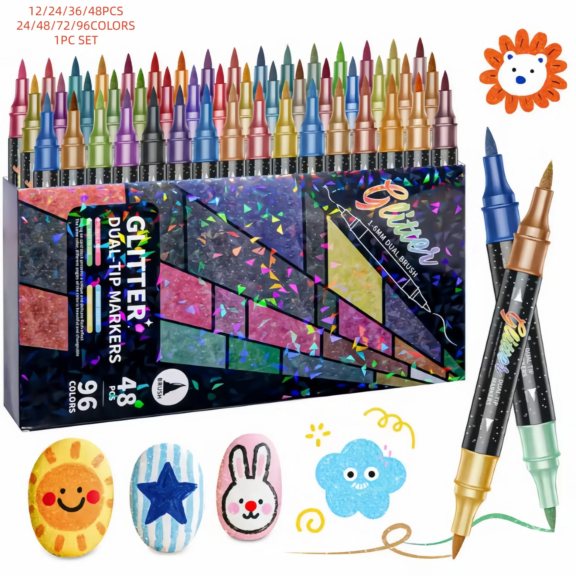 96 Color Dual-Ended Glitter Markers Set, Art Supplies, 12/24/36/48 Pieces, Water-Based Ink, Non-Toxic, Ideal for Crafts, Coloring Books, Scrapbooking