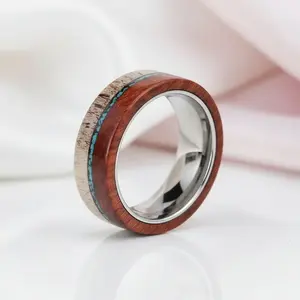 Redwood, Turquoise, and Deer Antler Inlay Tungsten Carbide Men's Ring