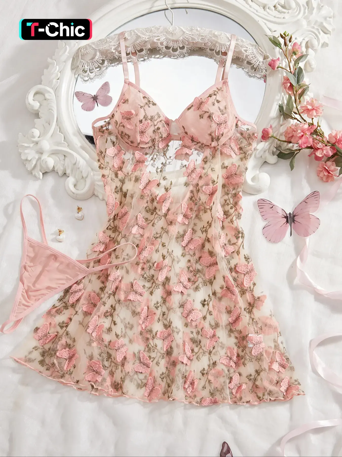 Women's Embroidery Butterfly Cami Nightdress & Thong Sexy Sleepwear, Comfortable Elegant Nighty Dress & Panty Set, Ladies Sleepwear for All Seasons