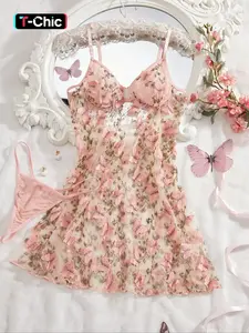 Women's Embroidery Cami Nightdress & Thong Sexy Sleepwear, Comfortable Elegant Nighty Dress & Panty Set, Ladies Sleepwear for All Seasons