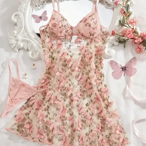 Women's Embroidery Butterfly Cami Nightdress & Thong Sexy Sleepwear, Spaghetti Strap Nightgown, Comfortable Elegant Nighty Dress & Panty Set, Ladies Sleepwear for All Seasons