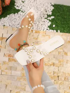 Elegant Pearl Transparent Sandals, Square Toe Rhinestone Slip-On Shoes, Summer Outdoor High-End Footwear, Stylish Women's Footwear