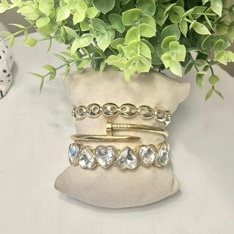 Bracelet Stack with Clear Heart Stretch Nail and Pig Nose Bracelets for Stylish Accessory