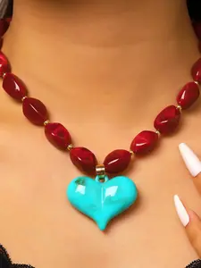 Dopamine Colorful Resin Heart Necklace, European and American Style Exaggerated Irregular Bead Chain, Vacation Wind Layered Accessory