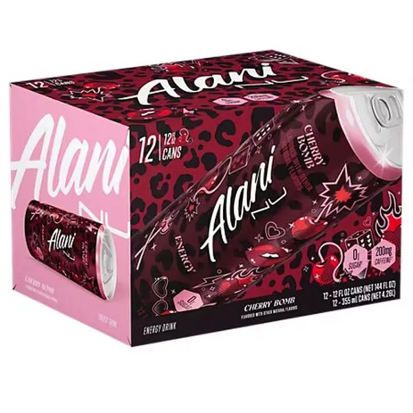 Alani Nu Energy Drink Cherry Bomb 12 Pack 12oz Cans Zero Sugar 200mg Caffeine Boosting Beverage