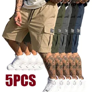 Men's 5-Pack Summer Casual Multipocket Cargo Shorts - Elastic Drawstring Mid Waist, Letter Appliqué, Regular Fit, Non-Stretch Non-See-Through Fabric, for Everyday Wear, Leisure Activities, Multipocket Men's Shorts, Men’s Shorts