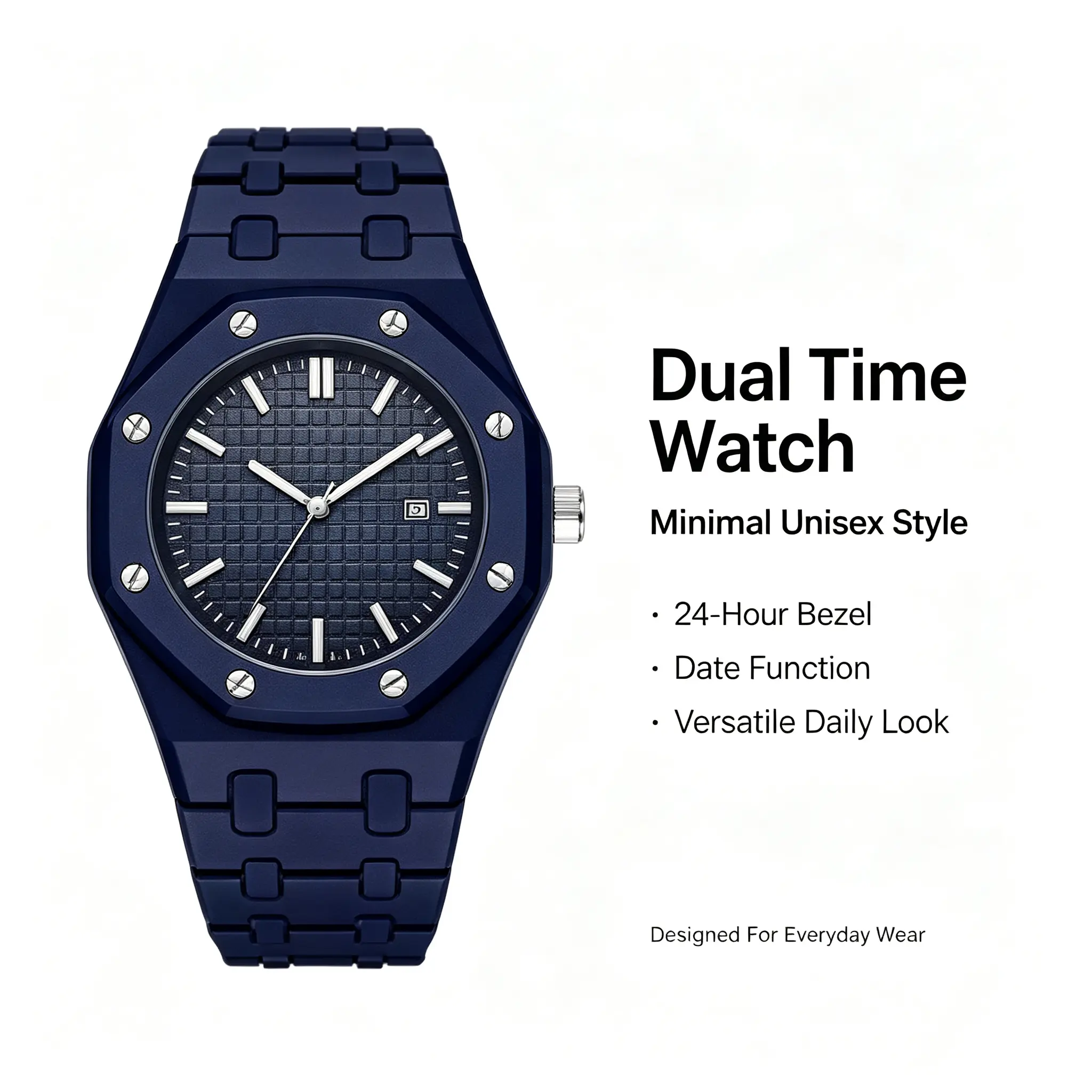 Matte Navy Blue Octagonal Watch | Lightweight Plastic Band Dual Time Wristwatch