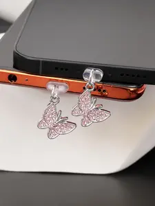 Cute Silver Color Butterfly Pendant Phone Dust Plug, Rhinestone Charm Charging Port Cover, Apple Type-C Interface Accessory, Phone Accessories