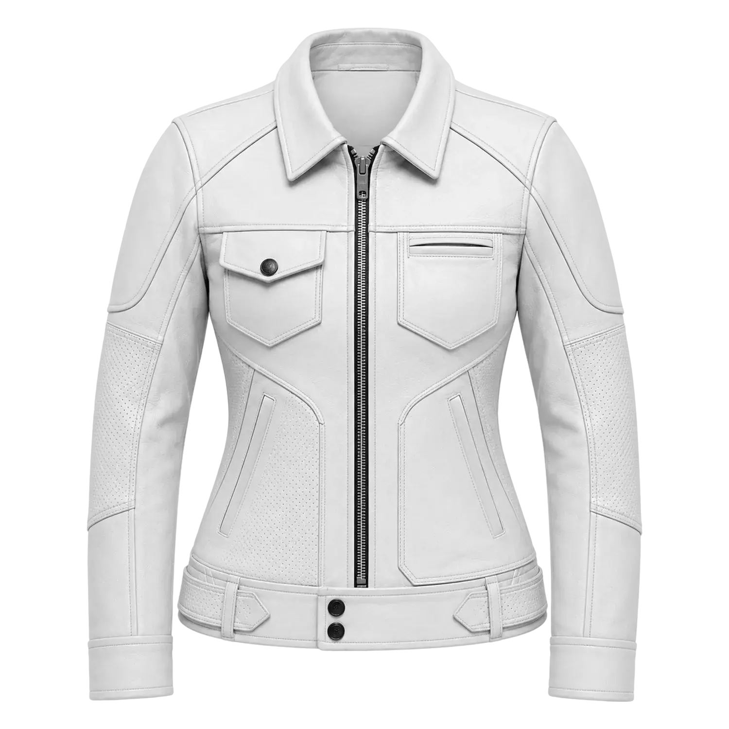 Women’s White Utility Leather Biker Jacket | Zip-Up Moto Jacket