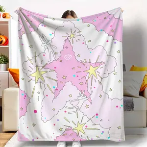 Cute Bunny And Star Dream Flannel Blanket Pink Cloud Cartoon Print Soft Warm Lightweight Cozy Plush Throw Blanket For Bedroom Sofa Living Room Nap Gift Decor