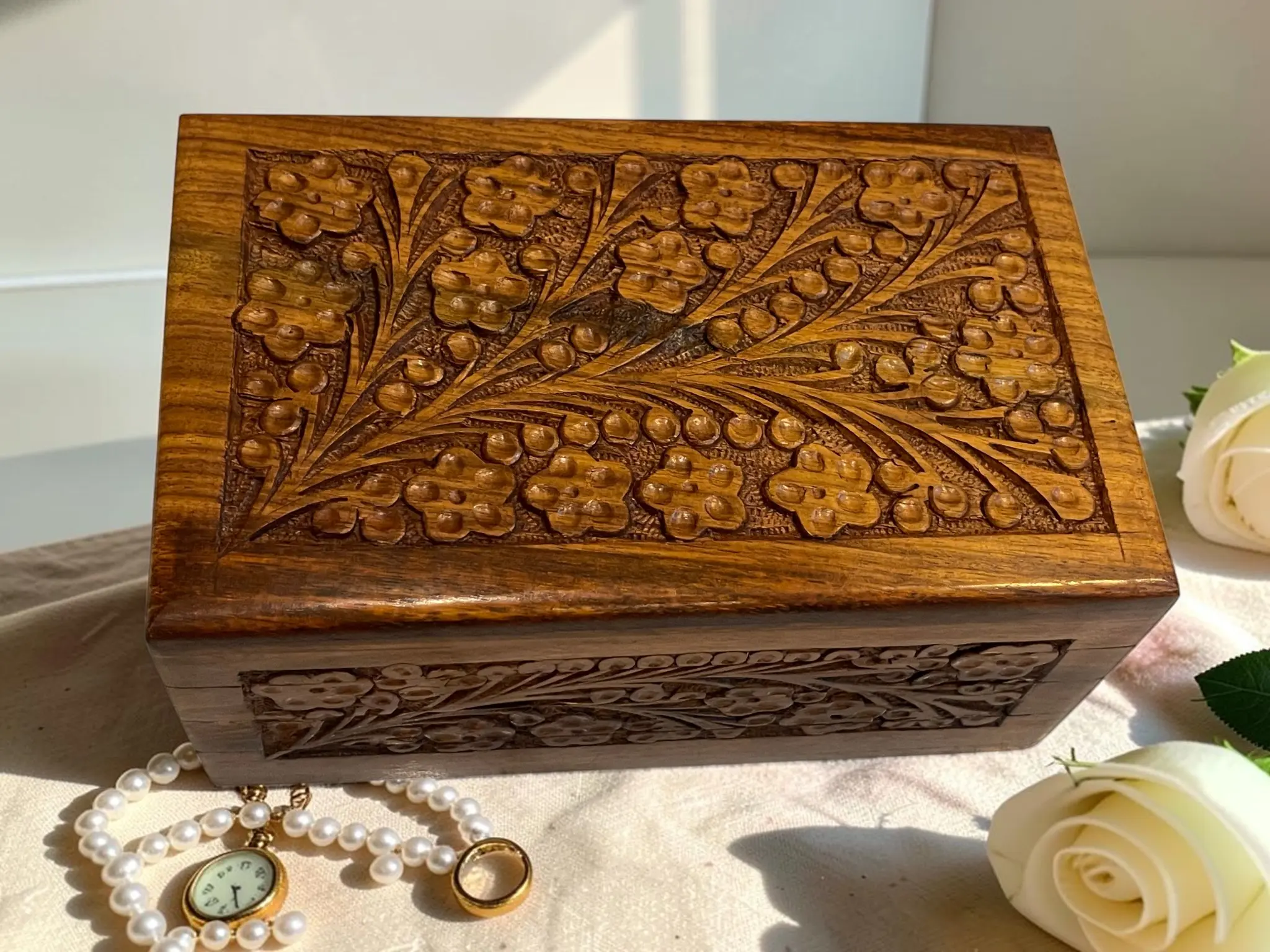 Hand-Carved Wooden Jewelry Box, Secret Lock Keepsake Organizer, Velvet Lined Storage