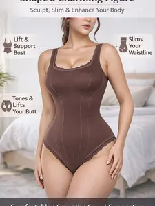 Women's Seamless Lace Trim Bodysuit, Sexy V Neck Shapewear, Tummy Control Sculpting Body Shaper, Sleeveless Cami Top