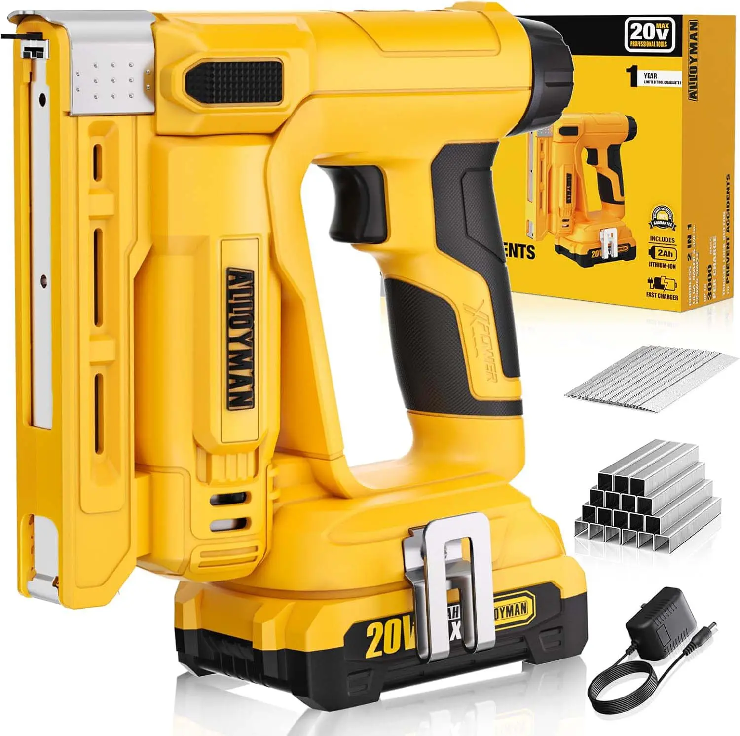 Alloyman 3/8''Crown Stapler, 18 Gauge 2 in 1 Cordless Brad Nailer/Electric Stapler with 2.0AH Battery & Charger, Nail Gun Battery Powered with 2,000PC