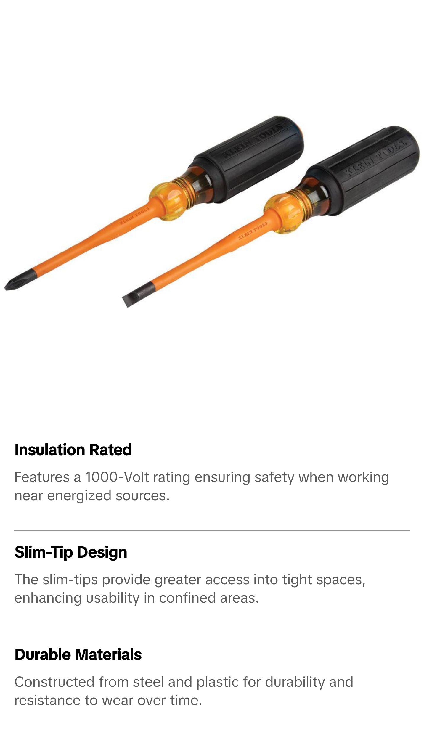 Klein Tools 33732INS Screwdriver Set, Slim-Tip Insulated Phillips and Cabinet Tips, 2-Piece