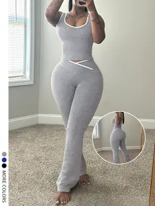 LW HOME Women's Fashion Colorblock Waist Trainer Bell Bottoms and Tank Top Set, Multiple Colors Available, Perfect for Home and Summer