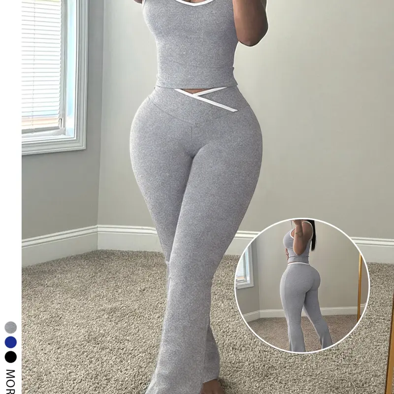 Lw Zillionaires Women's Fashion Colorblock Belly Control Fit Bell Bottom Pants and Sleeveless Tank Top Set Womenswear, Matching, Multiple Colors Available, Perfect for Summer, Casual Fashion Set