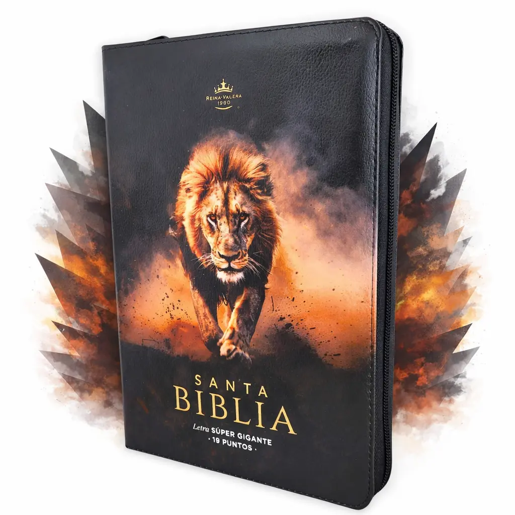 Biblia con Cierre Letra Super Gigante 19 puntos Mediana RV1960 imit piel negro leon y canto con mensaje con indice