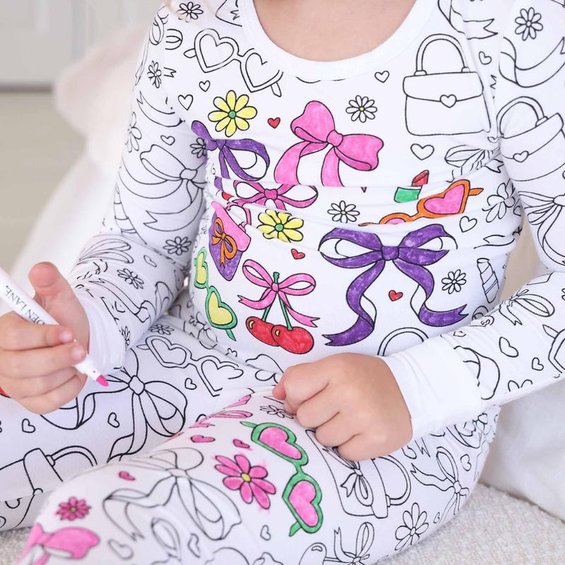 Material Girl Colorable Two Piece Pajama Set with Markers 95% Bamboo Viscose 5% Spandex Breathable for Sensitive Skin True to Size with Extra Room for Growth