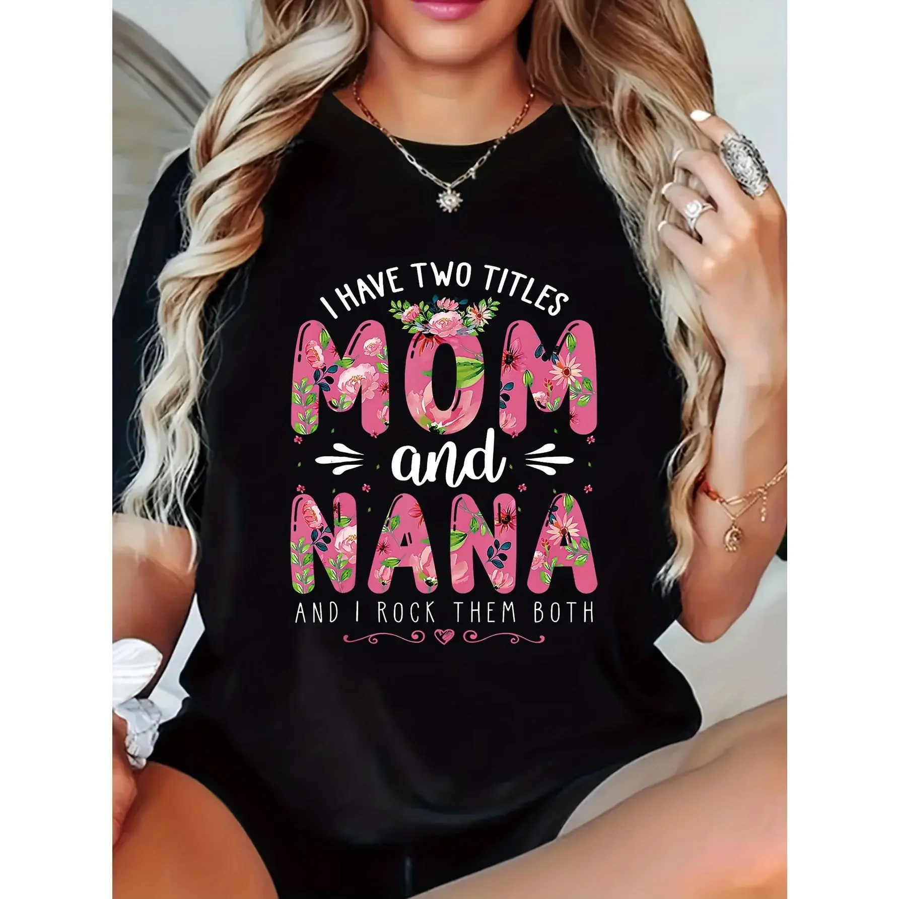 Women's Casual Short Sleeve T-Shirt - "Mom & Nana" Graphic Print with Floral Geometric Design, Black & Pink Lettering, Machine Washable Round Neck Top for Mother's Day Gifts & Casual Attire, Ladies T Shirts, Summer Outfit,