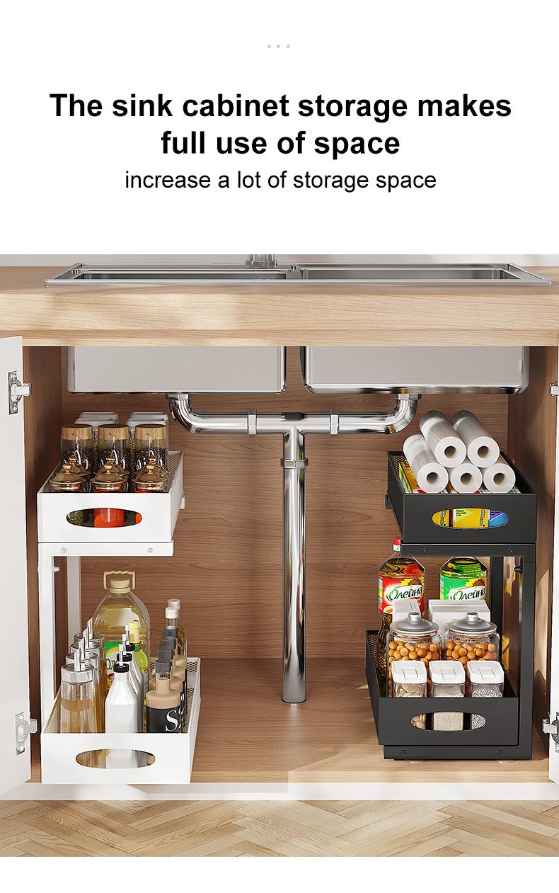 2 Pack Under Sink Organizer,Adjustable Height,2 Tier Pull Out Under Cabinet Organizer,Slide Out Thickened Metal Under Sink Storage for Kitchen Bathroom Laundry Cabinet Pantry,White,black Shelf Rack Racks