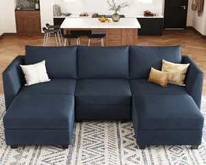 Modular Sectional Sofa with Double Chaise Velvet U Shaped Sofa Reversible Sectional Couch with Storage Blue