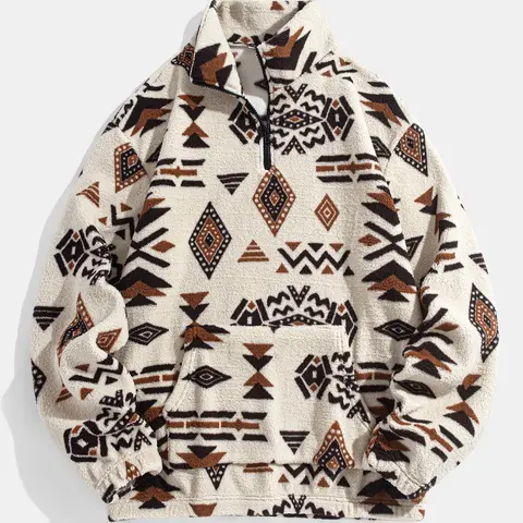 Men's Ethnic Pattern Zip Up Plush Sweatshirt, Casual Long Sleeve Pocket Collared Pullover for Winter, Fashion Men's Clothes for Daily Wear