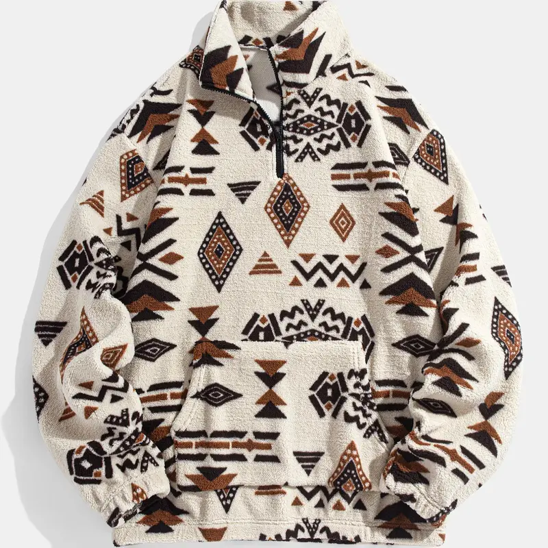 Men's Ethnic Pattern Zip Up Plush Sweatshirt, Casual Long Sleeve Pocket Collared Pullover for Winter, Fashion Men's Clothes for Daily Wear
