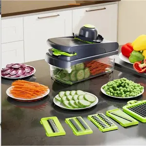 Vegetable Chopper-Vegetable Slic - OnionChopper with Container -Pro Food Chopper SlicerDicer  Gadgets -Chopping -Blade -Handy Set Utensils Stainless Steel french fry cutter potato slicer Handles Grayish Green multifunctional food chopper veggiecutter