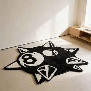 Black Eight Billiards Thorn Ball Alien Carpet Black and White Contrast Plush Floor Mat Living Room Anti slip and Wear resistant Foot Mat Trendy Personalized Space Decoration Mat Suitable for Ins/Street Trendy Home Decoration