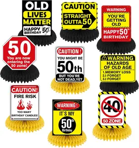 9Pcs 50th Birthday Honeycomb Centerpieces Funny 50th Birthday Decorations for Adults 50 Years Old Party Decor, Cheers to 50 Years Party Banner Table Topper Caution Logos Sign for Men Women