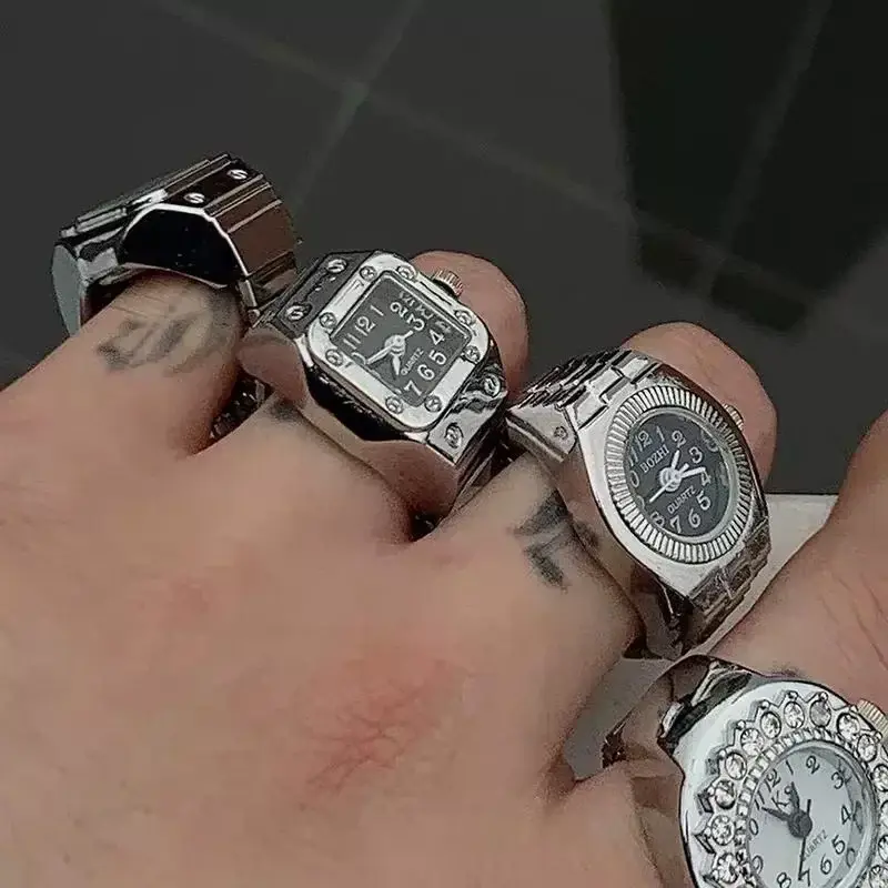 2026 colorsful Watch Ring Women Men Retro Sliver Pointer Quartz Clock Finger Rings Punk Alloy Strap Watches Jewelry Accessories