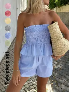 Two-piece Set Women's Striped Print Tube Top & Shorts Set, Casual Strapless Top & Shorts for Daily Wear, Ladies Clothes for Summer
