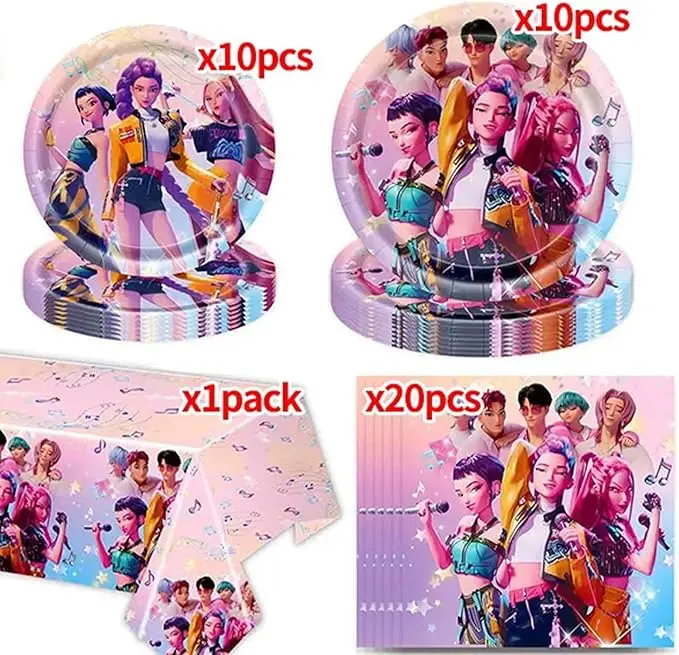 K-Pop Devil Pink Dinnerware Set is a birthday surprise gift for friends and a party decoration. It includes paper plates, paper cups, tissues, and a tablecloth.