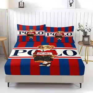Preppy Style Bear Fitted Sheet Set (3-Piece, 1 Fitted Sheet + 2 Pillowcases, No Inserts), Red & Blue Striped Bear Print, Soft Microfiber with Deep Pockets, Playful Bedroom Decor, Ideal Gift for Kids
