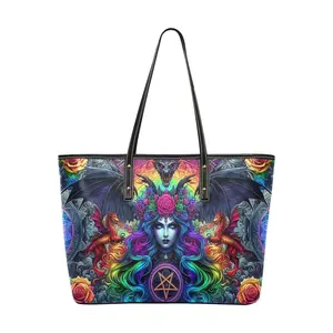 Colorful Gothic Witch Print, PU Leather Tote Bag, women's purse,