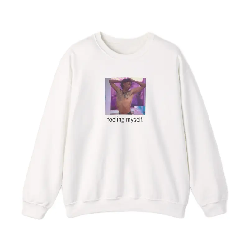 Feeling Myself Sweater - White Crew Neck Sweatshirt with Unique Graphic Print Design