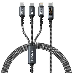 100W USB-C 3 in 1 Fast Charging Cable with LED Display – Lightning, USB-C, Micro USB for iPhone, Android, MacBook