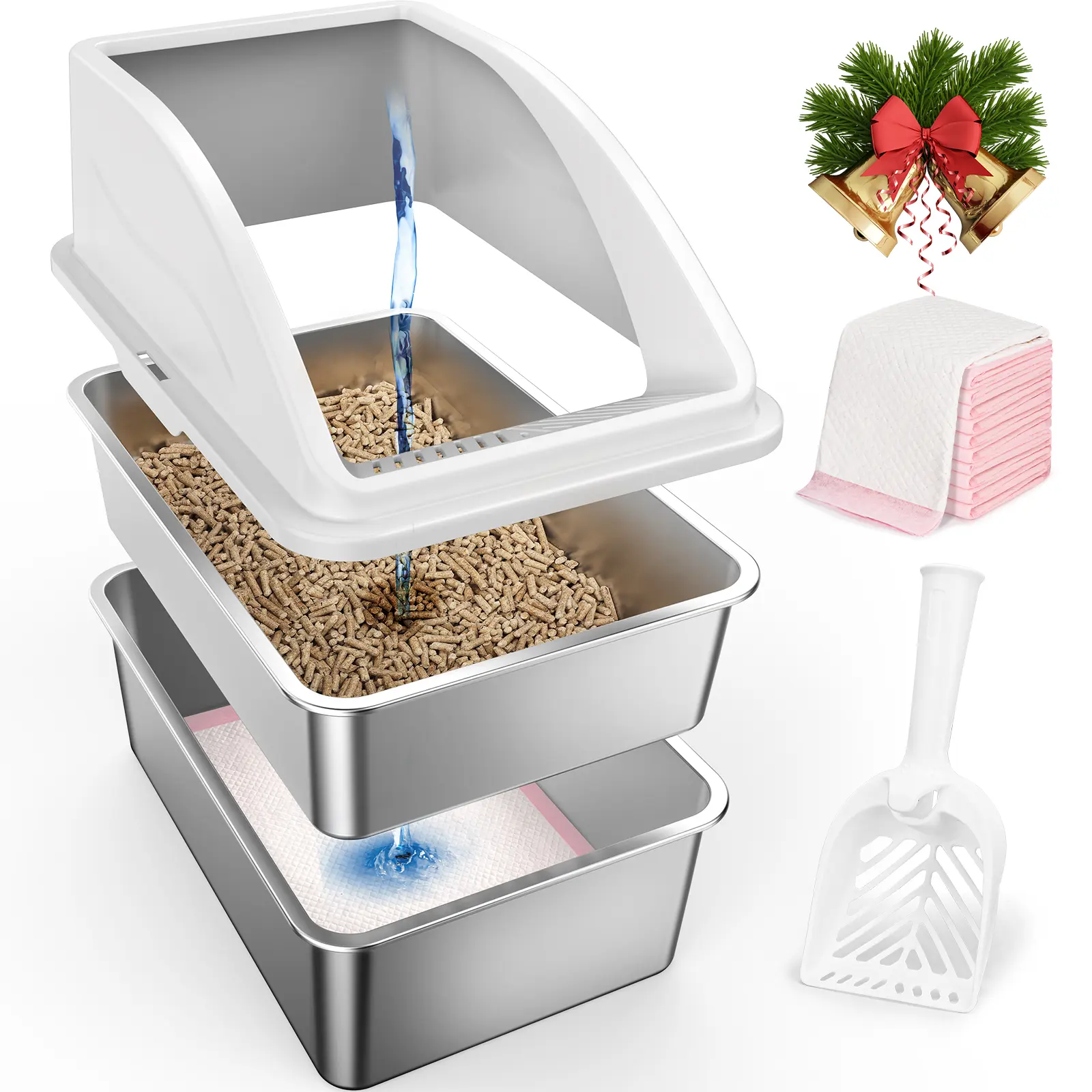 Stainless Steel Litter Box for Pine Pellet and Non-Clumping Litter, XXL Sifting Pan with Lid for Large Cats, High-Sided Design Anti-Leakage, Non-Stick Bottom