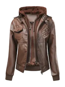 Women's Fitted Faux Leather Hooded Jacket Coats for Spring Autumn Winter, Casual Work Commuter Wear, Stylish and Comfortable Outerwear, Womenswear, Zippered Jacket