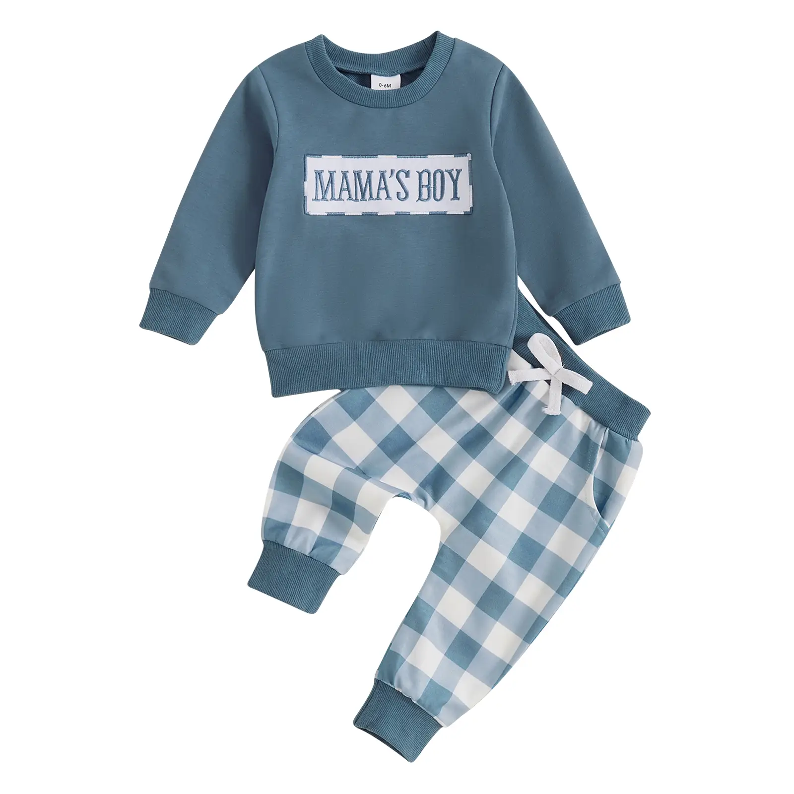Baby Boy Fall Winter Outfits Mama's Boy Sweatshirt Long Sleeve Crew Neck Embroidery Sweater Tops + Plaid Pants Set Spring Clothes