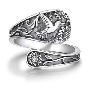 Nice design retro sunflower open ring for men and women bird pattern index finger ring creative and versatile gift
