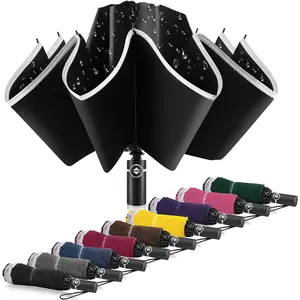 Inverted Umbrella - Large Windproof for Rain & Sun, Compact Reverse With Reflective Stripe, Teflon-Coated for Women Men, Travel Folding With Cover Bag