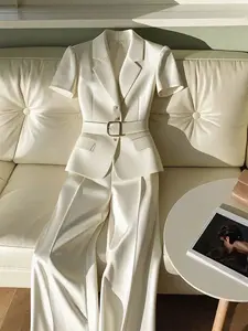 Fashionable Women's Summer Short Sleeve Top and Straight Leg Trousers Two Piece Set, Elegant Minimalist Commuter for Stylish Women