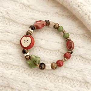 Handmade Ceramic Apple & Star Beaded Bracelet for Women - Bohemian Stretch Bracelet with Apple & Star Beads, Red/Green Suitable for Birthdays, Christmas, Teacher Gifts, Daily Wear, Year-Round Jewelry, Y2K Aesthetic Accessory