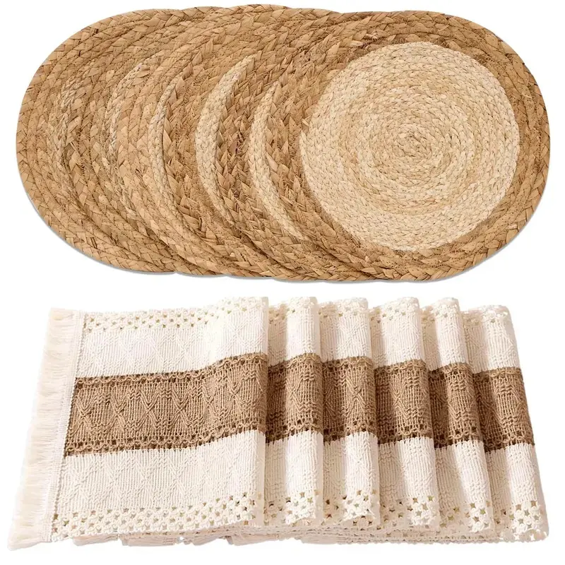 Handmade Boho Placemats Set Natural Cotton Burlap and Water Straw Woven Rattan Wicker Braided Combination Table Mats, Macrame Table Decor Farmhouse Bohemian Style for Dining Room Table Kitchen
