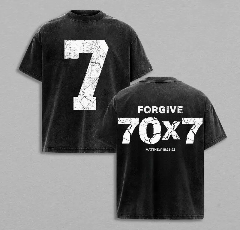 Men's Vintage Graphic T-Shirt, Distressed Heavyweight Washed Cotton with 70x7 Forgive Christian Print, Casual Short-Sleeve Streetwear